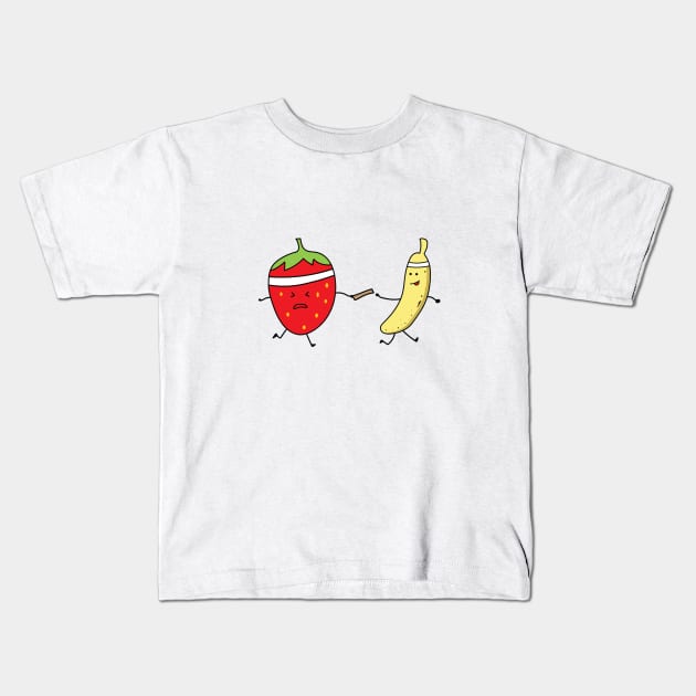 funny banana and strawberry run a marathon Kids T-Shirt by wordspotrayal